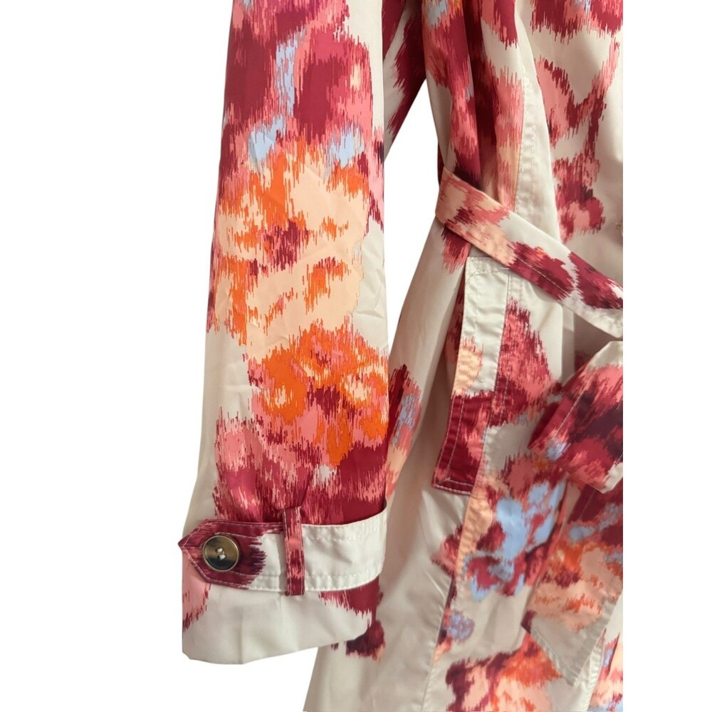 Chicos Trench Coat Womens 1 MEDIUM Floral Pockets Detachable Hoodie Button Front - Picture 9 of 13